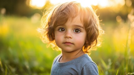Adorable little child with curly hair gazing intently at camera