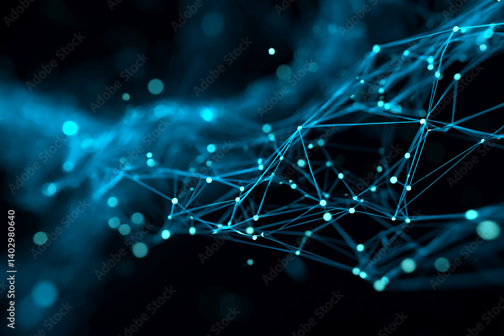 Poster abstract image of blue glowing lines and nodes forming a network structure on a black background, sy