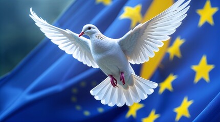 Fototapeta premium White dove peaceful flying against blurred European Union flag representing peace and unity