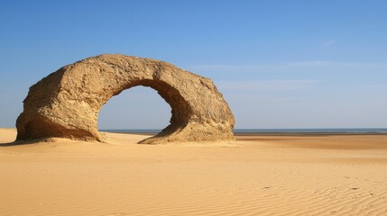 A large rock formation in the middle of a desert.