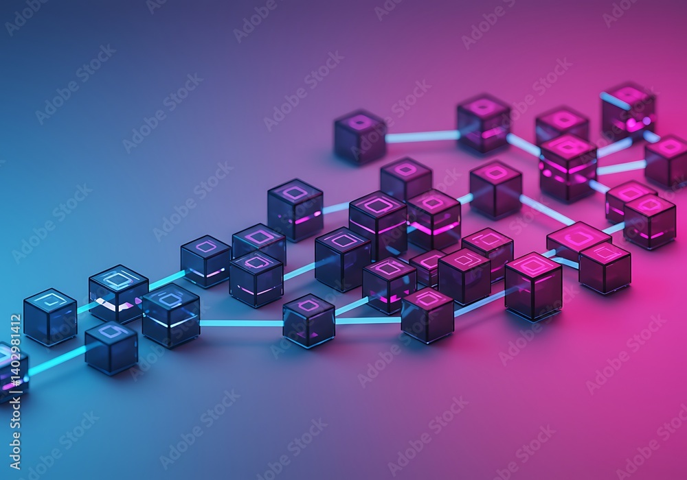 Aufkleber connected cubes network with glowing neon lights on gradient background