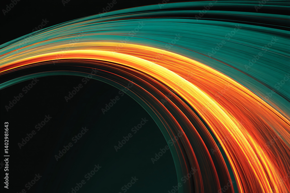 Poster abstract image of curved teal and orange lines on black background, creating dynamic, energetic comp
