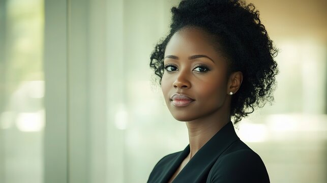 Confident young businesswoman in a modern office, embodying professionalism and focus.
