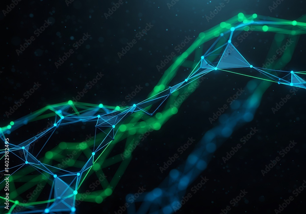 Poster network connection visualization with blue and green lines on dark background