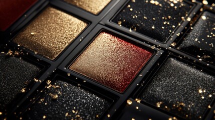 Close-up view of a luxury eyeshadow palette with various shades, including gold, red, and black.  Glittery textures and shimmering pigments are visible