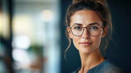 Confident young businesswoman in a modern office, embodying professionalism and focus.
