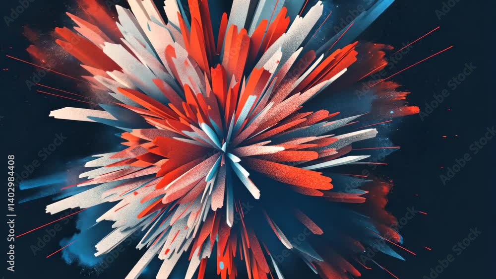 Poster fireworks exploding in a burst of red and blue dots on a dark backdrop. 4th july independence day mo