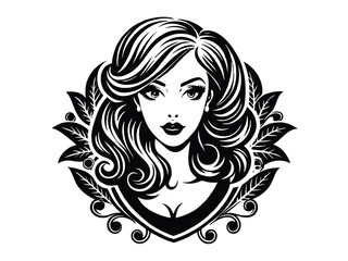 A black vector silhouette sketch of a beautiful woman's face with long hair, lips, and a flower, a fashion illustration icon