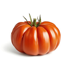 A plump fresh tomato with a glossy red skin and smooth texture, isolated white background, hyperrealism art style