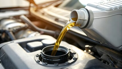Pouring Fresh Motor Oil into Car Engine During Maintenance