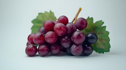 Fototapeta premium A bunch of ripe red grapes with green leaves, glistening with water droplets. Isolated on a white background, perfect for fresh, healthy food concepts.