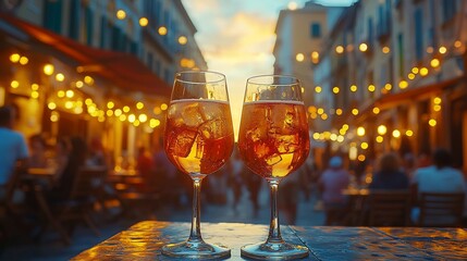 Aperol Spritz Cocktails in Evening City Street