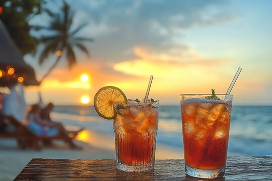 drinks with blur beach and sunset in background
