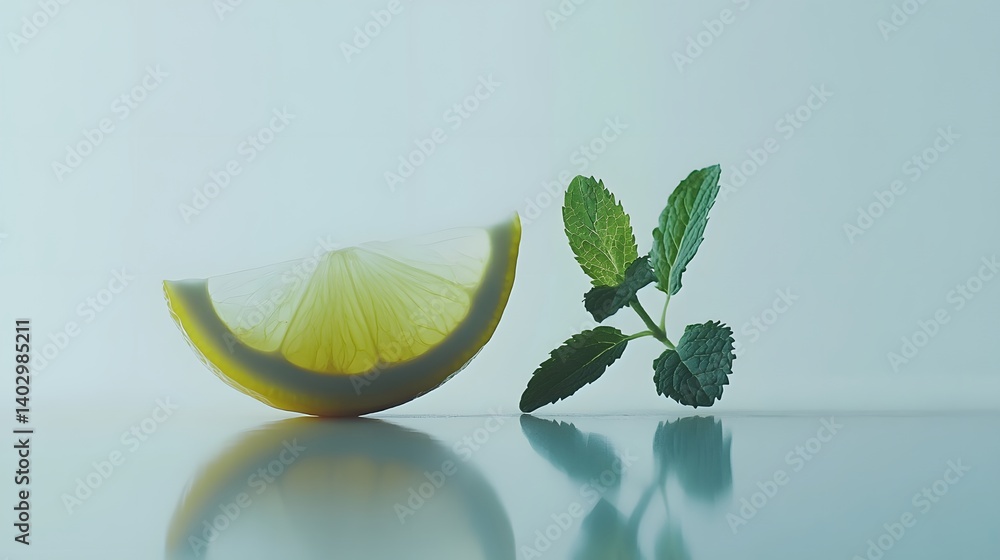 Aufkleber a vibrant lemon slice and fresh mint sprig rest side-by-side on a reflective surface, creating a min