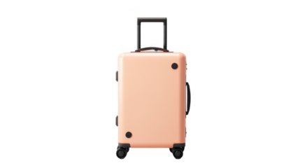 A peach-colored plastic suitcase on wheels stands against a white background, png