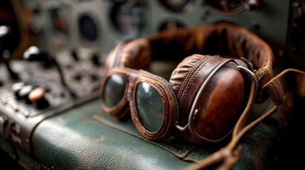 Classic pilot gear and vintage cockpit atmosphere in nostalgic photography