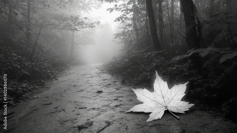 Poster a foggy forest path with a single fallen maple leaf