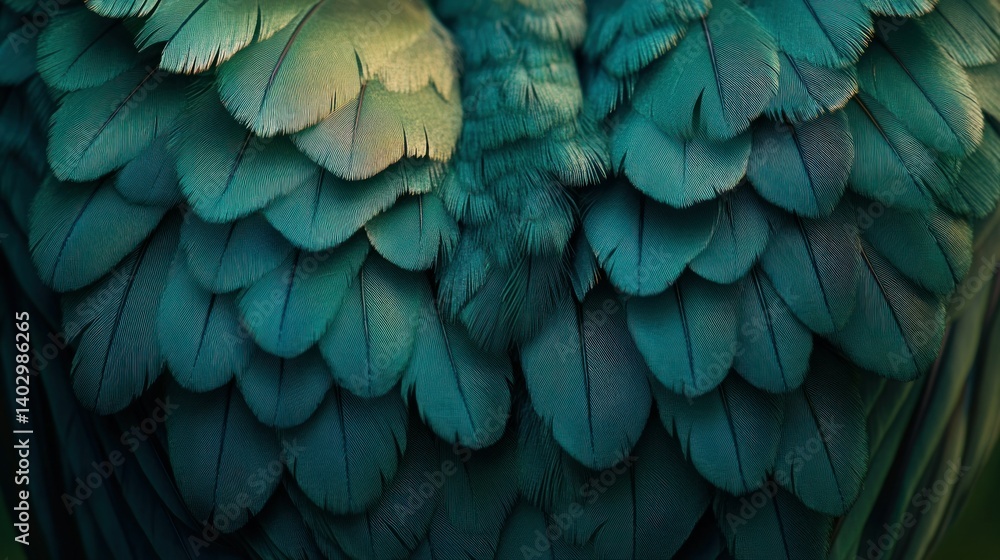 Poster close-up view of intricate teal bird feathers. detailed texture of overlapping plumage