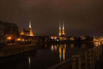 Fototapeta premium Wroclaw, Poland - 02.13.2023: Cathedral Island, Ostrow Tumski at Night
