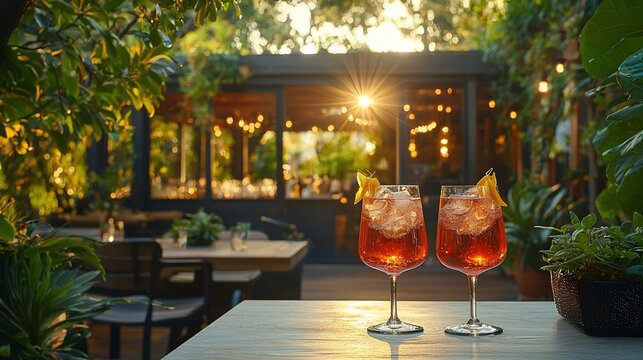 Aperol Spritz cocktails on a patio at sunset