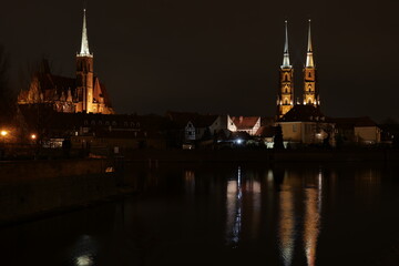 Fototapeta premium Wroclaw, Poland - 02.13.2023: Cathedral Island, Ostrow Tumski at Night