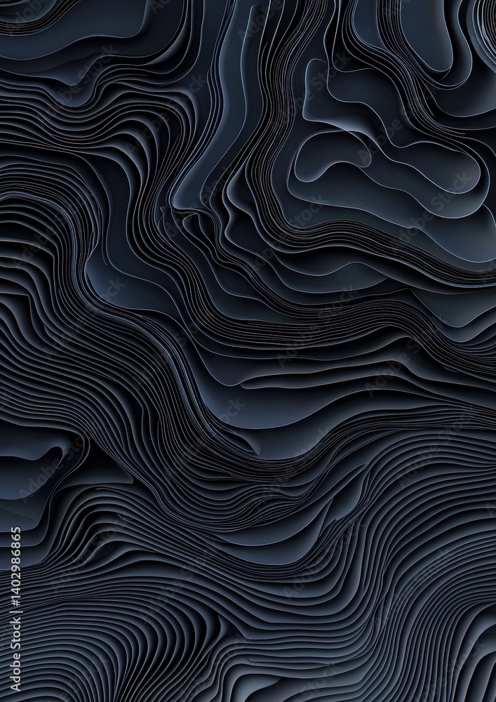 Poster a mesmerizing abstract pattern of dark blue and black lines forming a wave-like design.
