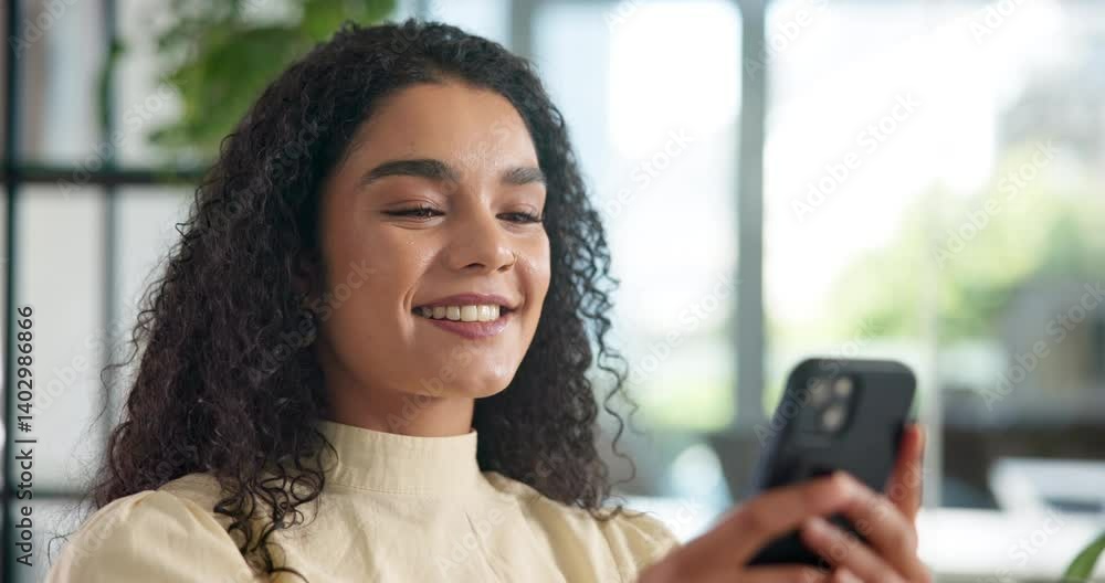 Aufkleber Cellphone, smile and businesswoman in office with communication, contact or networking on mobile app. Technology, reading and magazine editor with reviews online with phone for publishing project.