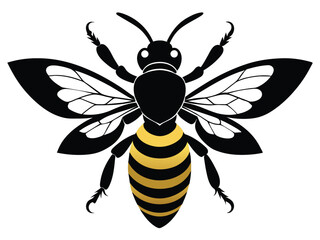 Cute yellow cartoon bee, a flying insect, with a funny smile, is isolated as a vector illustration near a flower against a white nature background