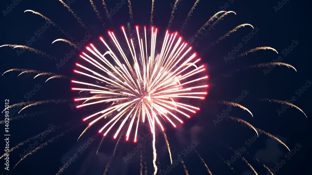 Poster fireworks exploding in a burst of red and blue dots on a dark backdrop. 4th july independence day ne