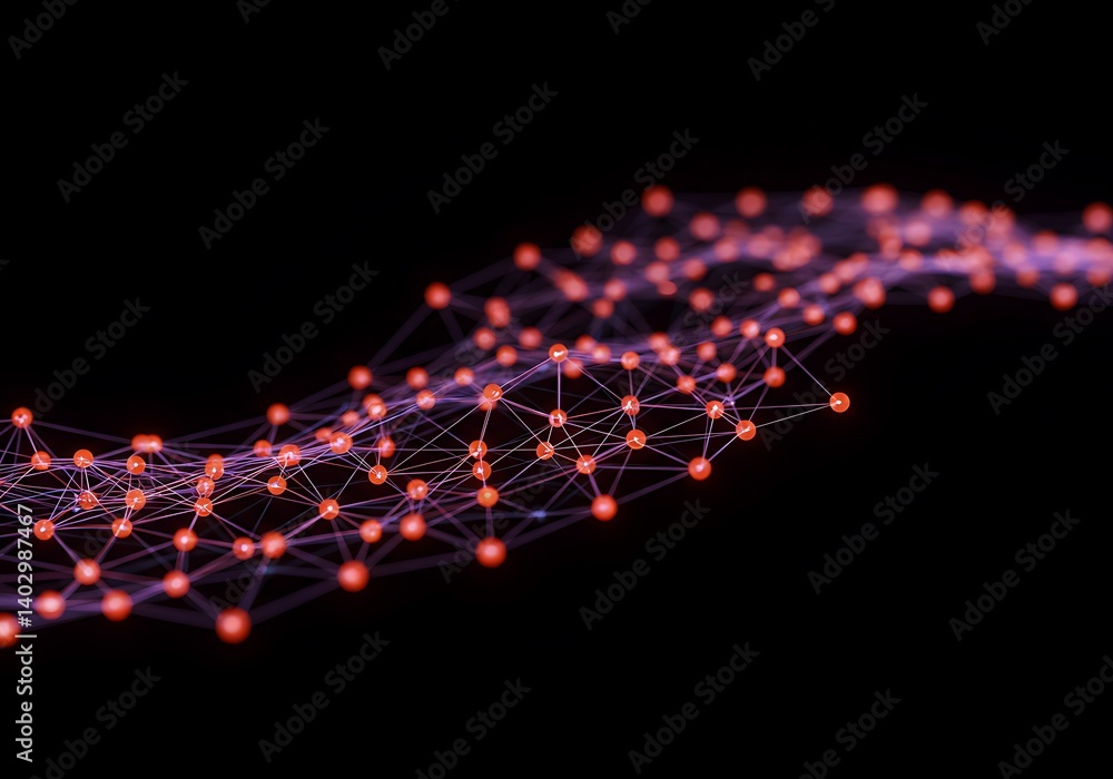 Poster network connection visualization with red spheres and lines on black background