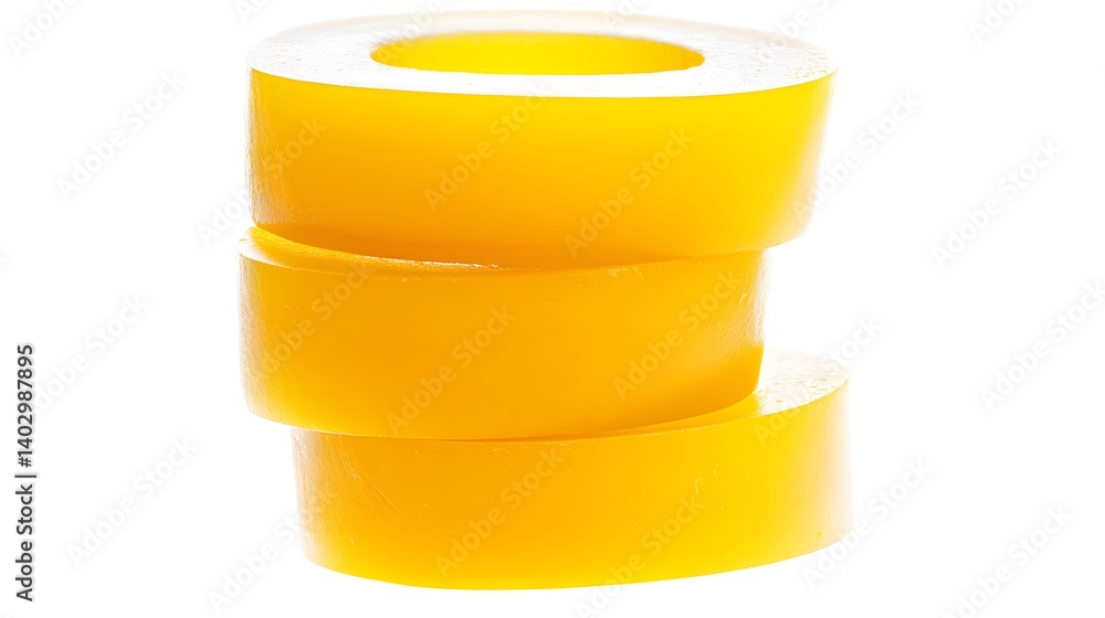Poster three vibrant yellow cylindrical objects stacked on top of each other, isolated on a white backgroun