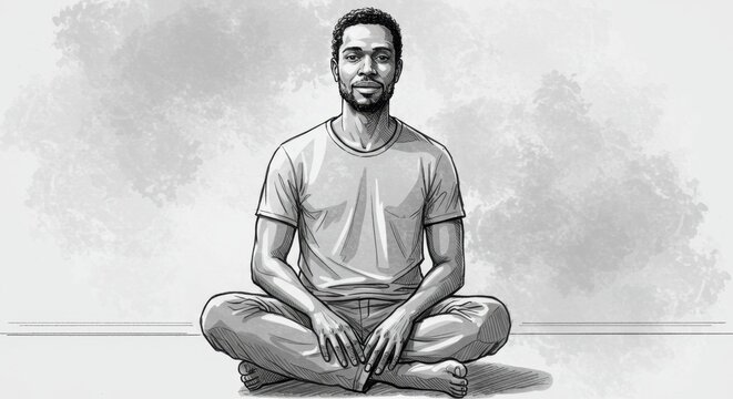 Black and White Sketch of a Man Sitting Cross-legged