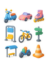 Vibrant 3d y2k transport icons set: unique retro transportation elements