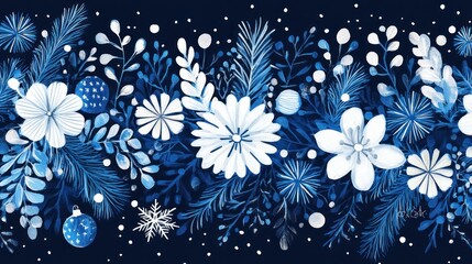 Festive winter floral border design with white flowers, blue foliage, and snowflakes on a dark navy background.