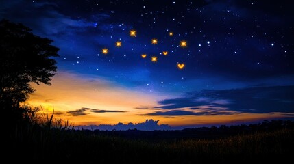 Naklejka premium Evening sky showcasing stars and hearts above a landscape scene