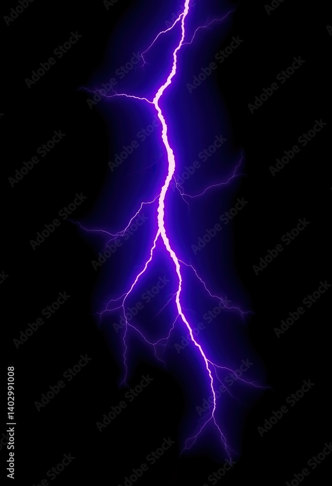 Poster vivid vertical streak of electrifying purple lightning cuts through darkness illuminating void