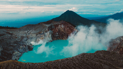 Aerial view of Misty Volcano of Kawah Ijen crater in East Java