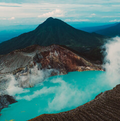 Aerial view of Misty Volcano of Kawah Ijen crater in East Java