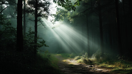 Fototapeta premium Mythological forest background with mist and light, divine ambiance