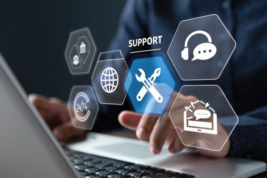 Technical support and customer service concept. Digital icon representing technical support, customer service, and 24/7 assistance. Business technology solutions for global support, service management