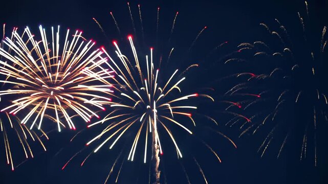 Fireworks exploding in a burst of red and blue dots on a dark backdrop. 4th July independence day Unique concept.