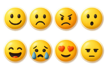 Fototapeta premium 3d emotion icon set: smiling, frowning, angry, surprised, laughing, crying, loving, indifferent