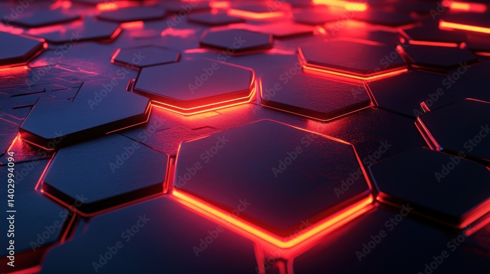 Poster futuristic technological interface with glowing red hexagons in a dark scene
