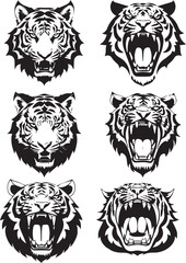Set of tiger heads with open mouth and bared fangs, with different angry expressions of the muzzle. Symbols for tattoo, emblem or logo, isolated on a white background.