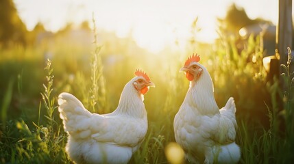 Fototapeta premium Two white chickens stand together in sunlit green grassy field
