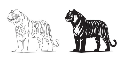 Obraz premium Majestic tiger silhouette with clean, bold vector lines – perfect for logos and outdoor-themed projects – tiger icon – tiger illustration – tiger lineart