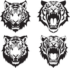 Set of tiger heads with open mouth and bared fangs, with different angry expressions of the muzzle. Symbols for tattoo, emblem or logo, isolated on a white background.