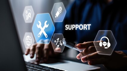 Technical support and customer service concept. Digital icon representing technical support, customer service, and 24/7 assistance. Business technology solutions for global support, service management