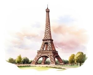 Fototapeta premium PNG watercolor illustration of Eiffel Tower, isolated on a white paper background, isolated