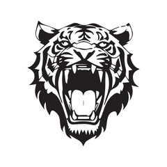 Set of tiger heads with open mouth and bared fangs, with different angry expressions of the muzzle. Symbols for tattoo, emblem or logo, isolated on a white background.